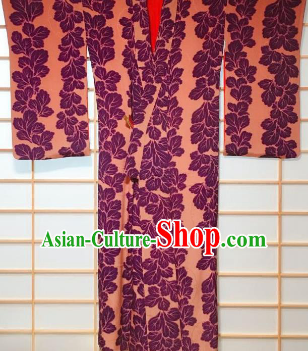Japanese Classical Perilla Leaf Pattern Orange Edo Komon Kimono Japan Traditional Yukata Dress Costume for Women