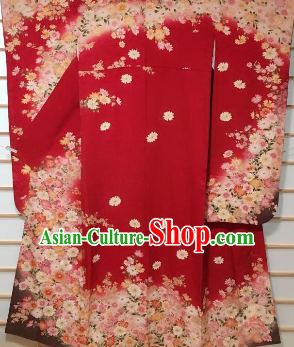 Japanese Classical Chrysanthemum Pattern Red Furisode Kimono Japan Traditional Yukata Dress Costume for Women