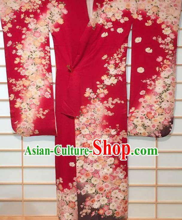 Japanese Classical Chrysanthemum Pattern Red Furisode Kimono Japan Traditional Yukata Dress Costume for Women
