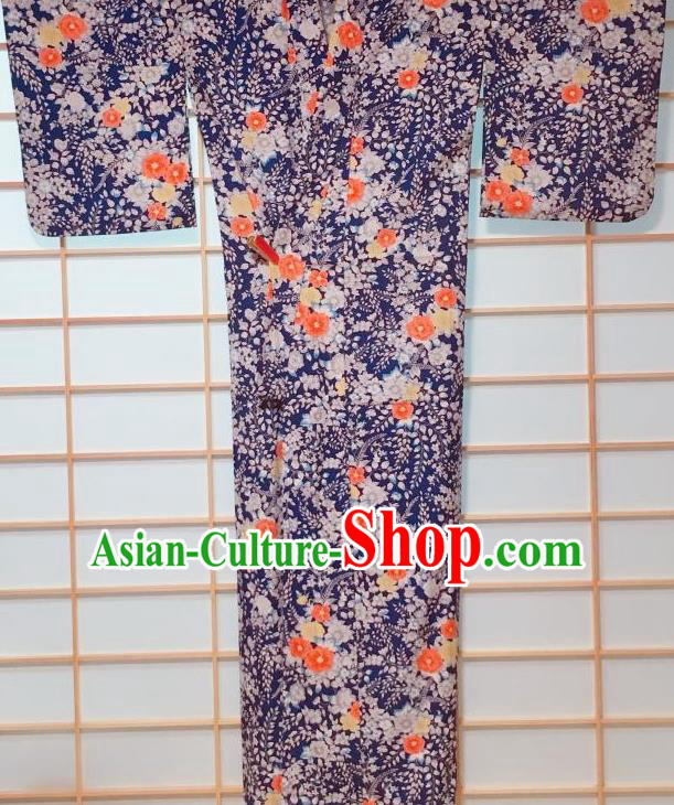 Japanese Classical Camellia Pattern Blue Edo Komon Kimono Japan Traditional Yukata Dress Costume for Women