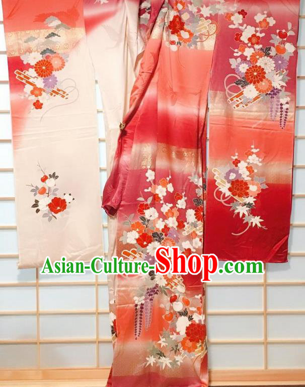 Japanese Classical Peony Crane Pattern Red Furisode Kimono Japan Traditional Yukata Dress Costume for Women