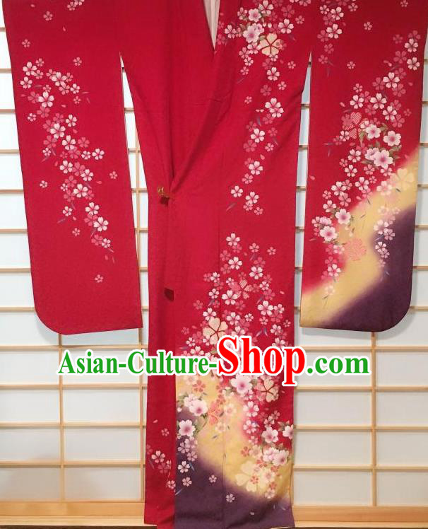 Japanese Classical Sakura Pattern Red Furisode Kimono Japan Traditional Yukata Dress Costume for Women
