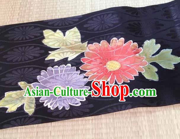 Japanese Nagoya Traditional Embroidered Chrysanthemum Black Brocade Waistband Japan Kimono Yukata Belt for Women