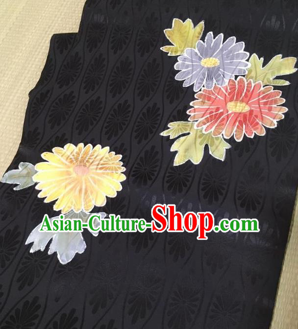 Japanese Nagoya Traditional Embroidered Chrysanthemum Black Brocade Waistband Japan Kimono Yukata Belt for Women