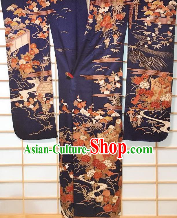 Japanese Classical Chrysanthemum Peony Pattern Deep Blue Furisode Kimono Japan Traditional Yukata Dress Costume for Women