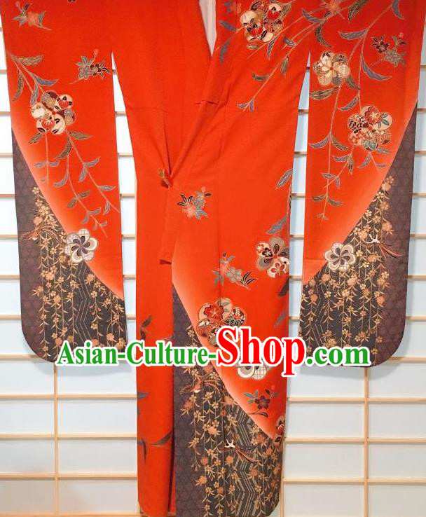 Japanese Classical Phoenix Sakura Pattern Red Furisode Kimono Japan Traditional Yukata Dress Costume for Women