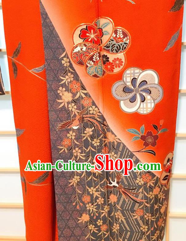 Japanese Classical Phoenix Sakura Pattern Red Furisode Kimono Japan Traditional Yukata Dress Costume for Women