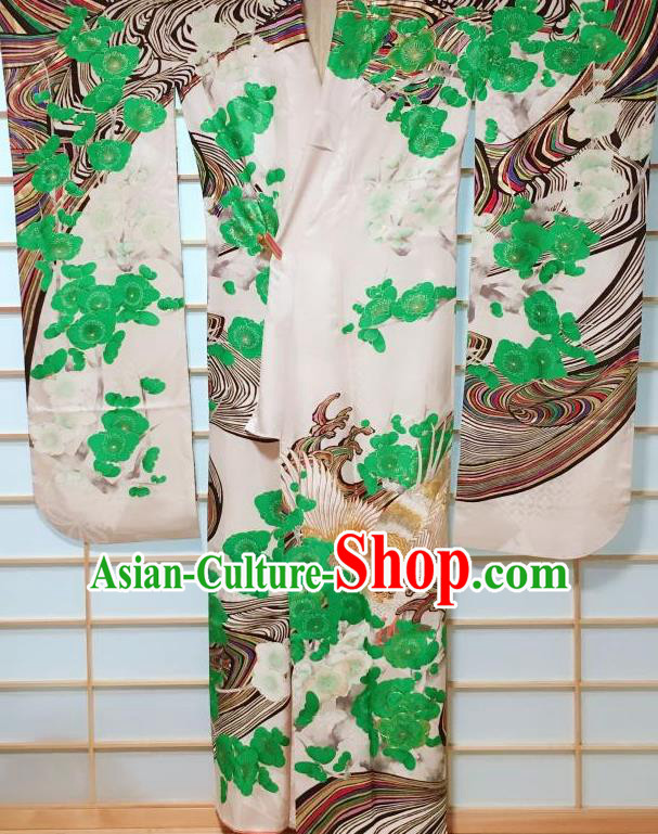 Japanese Classical Eagle Pine Pattern Furisode Kimono Japan Traditional Yukata Dress Costume for Women