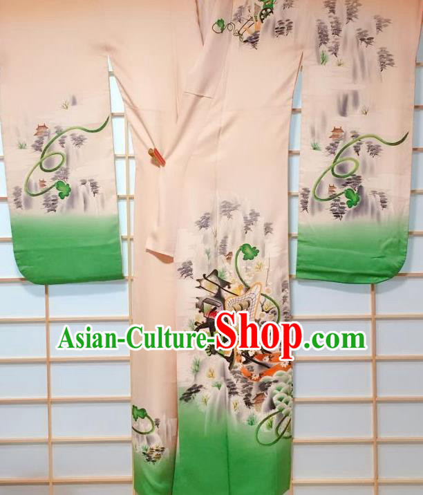 Japanese Classical Gharry Pattern Beige Furisode Kimono Japan Traditional Yukata Dress Costume for Women