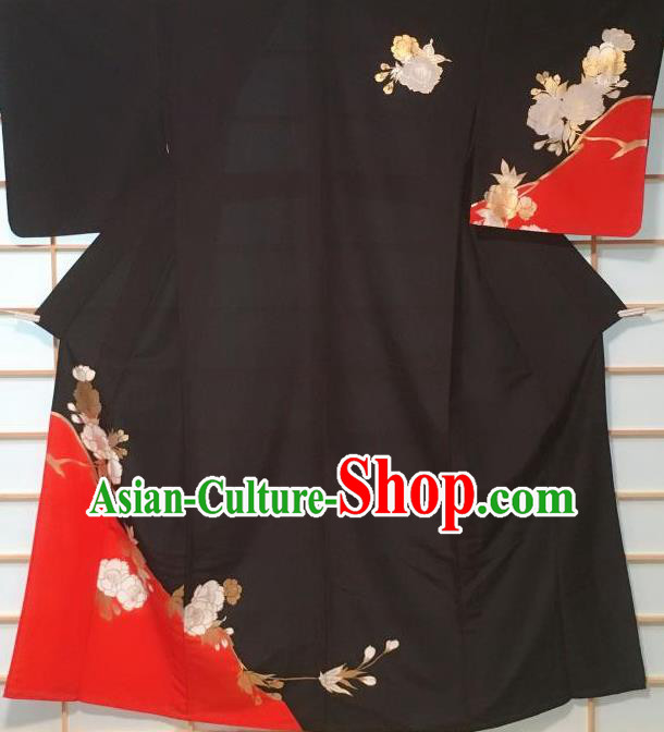 Japanese Classical Sakura Pattern Black Tsukesage Kimono Japan Traditional Yukata Dress Costume for Women
