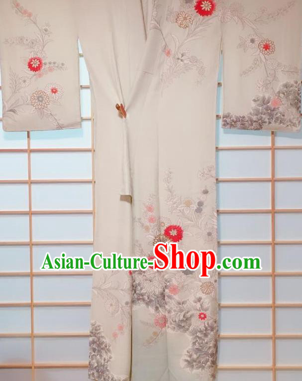 Japanese Classical Chrysanthemum Pattern Beige Tsukesage Kimono Japan Traditional Yukata Dress Costume for Women