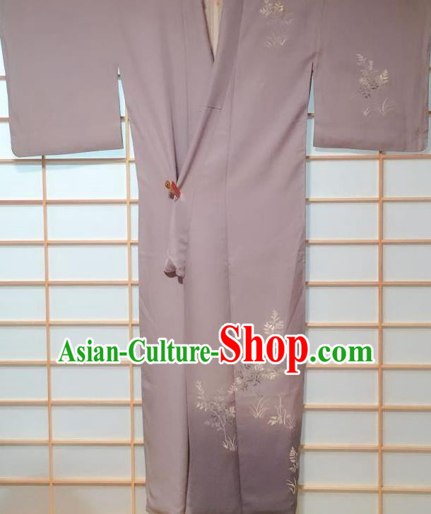 Japanese Classical Embroidered Grey Tsukesage Kimono Japan Traditional Yukata Dress Costume for Women
