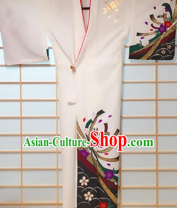Japanese Classical Printing Sakura White Tsukesage Kimono Japan Traditional Yukata Dress Costume for Women