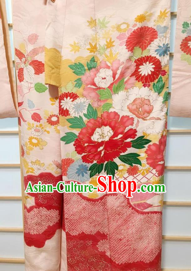 Japanese Classical Peony Chrysanthemum Pattern Pink Furisode Kimono Japan Traditional Yukata Dress Costume for Women