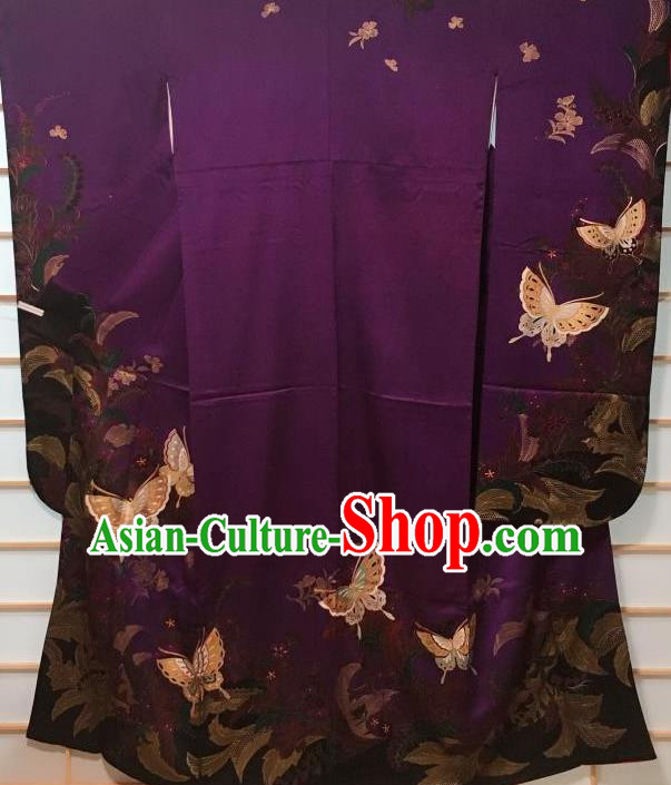 Japanese Classical Butterfly Pattern Purple Furisode Kimono Japan Traditional Yukata Dress Costume for Women