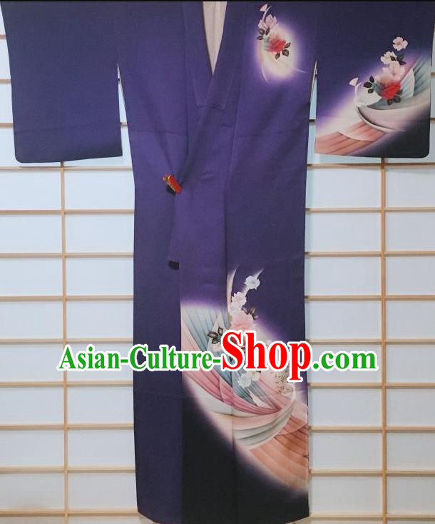 Japanese Classical Peacock Peony Pattern Purple Tsukesage Kimono Japan Traditional Yukata Dress Costume for Women