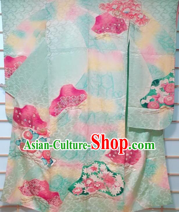 Japanese Classical Chrysanthemum Pattern Green Furisode Kimono Japan Traditional Yukata Dress Costume for Women