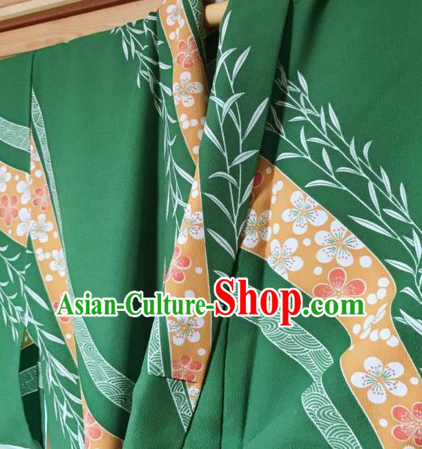 Japanese Classical Sakura Pattern Green Kimono Japan Traditional Yukata Dress Costume for Women