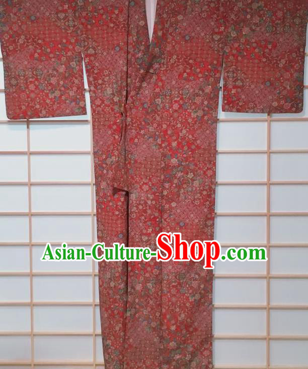 Japanese Classical Oriental Cherry Pattern Red Kimono Japan Traditional Yukata Dress Costume for Women