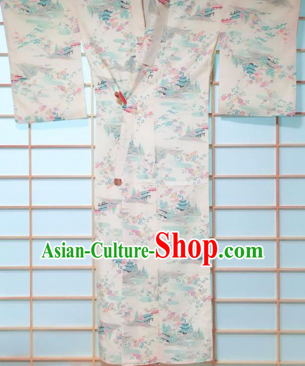 Japanese Classical Temple Pattern White Kimono Japan Traditional Yukata Dress Costume for Women