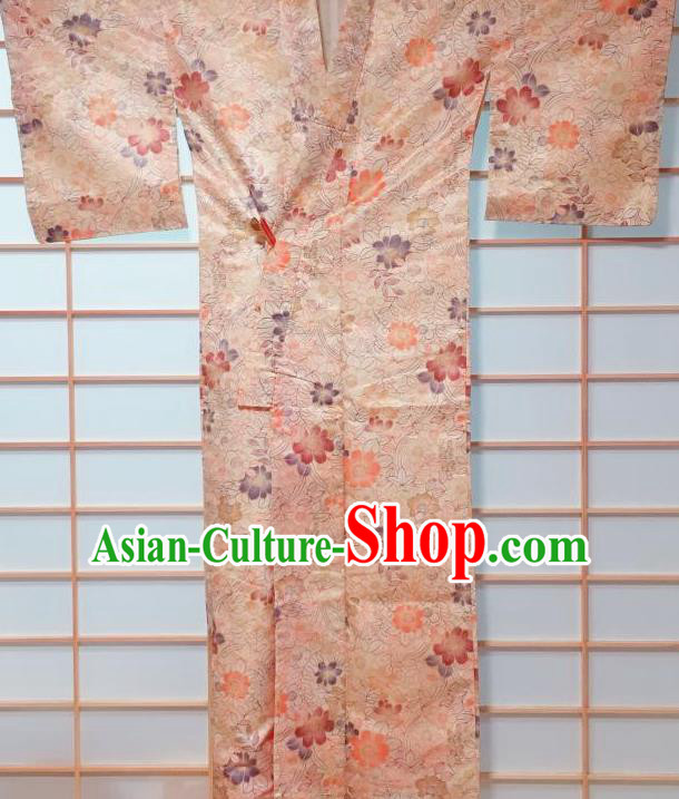 Japanese Classical Flowers Pattern Light Orange Kimono Japan Traditional Yukata Dress Costume for Women