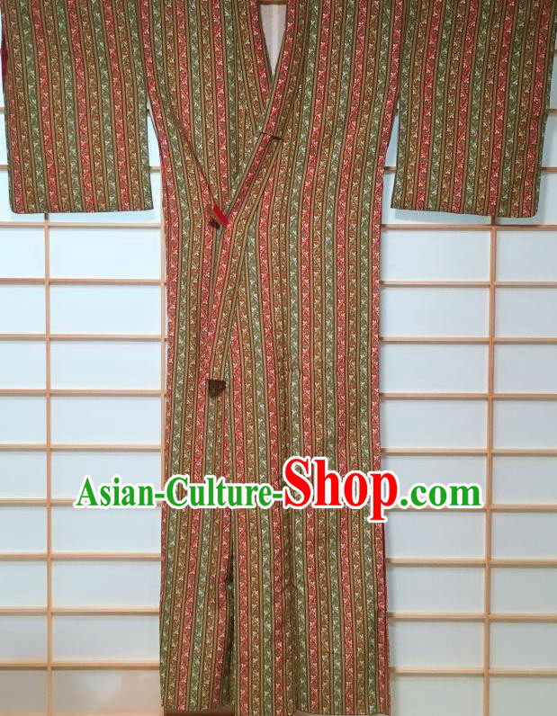 Japanese Classical Stripe Pattern Olive Green Kimono Japan Traditional Yukata Dress Costume for Women