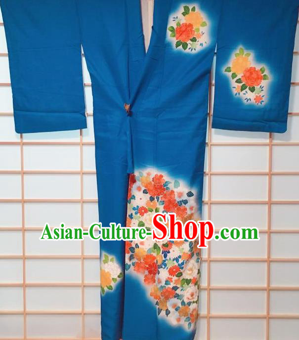 Traditional Japanese Deep Blue Tsukesage Kimono Japan Classical Peony Pattern Yukata Dress Costume for Women