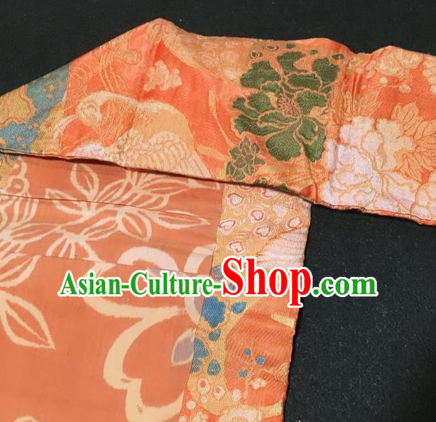 Japanese Nagoya Traditional Embroidered Phoenix Peony Pattern Orange Brocade Waistband Japan Kimono Yukata Belt for Women