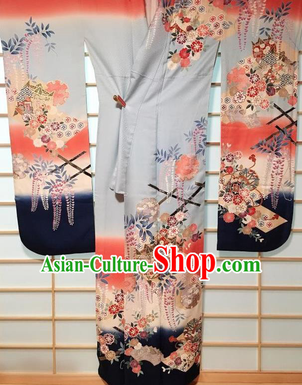 Traditional Japanese Light Blue Furisode Kimono Japan Classical Wisteria Pattern Yukata Dress Costume for Women