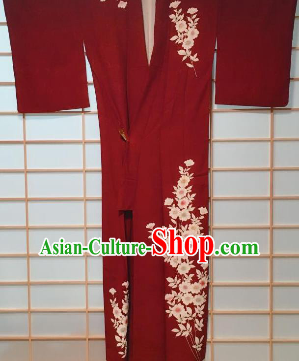 Traditional Japanese Red Tsukesage Kimono Japan Classical Daisy Pattern Yukata Dress Costume for Women