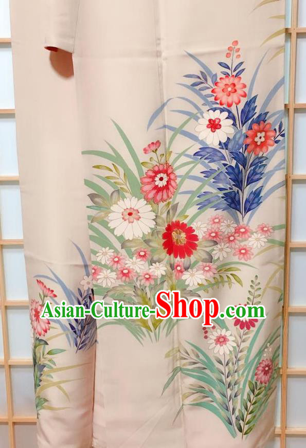 Traditional Japanese Beige Tsukesage Kimono Japan Classical Daisy Pattern Yukata Dress Costume for Women