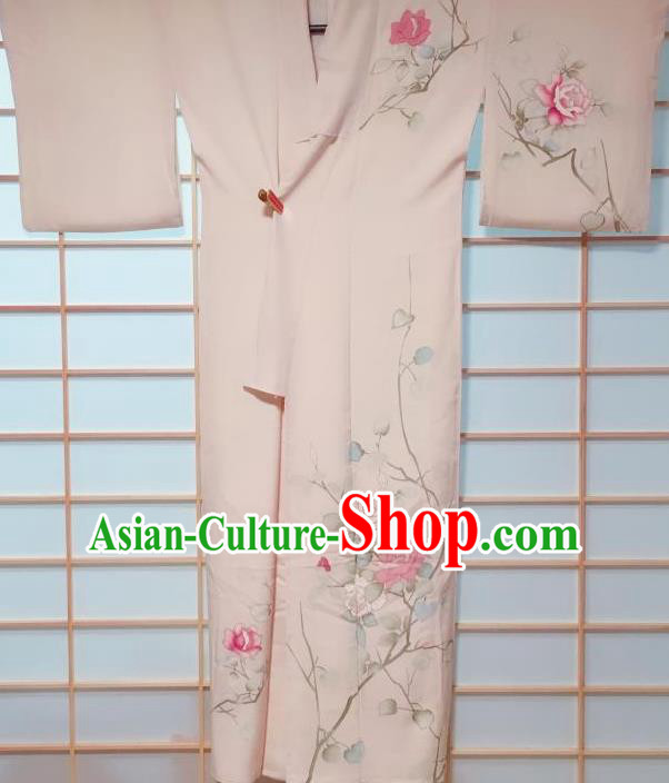 Traditional Japanese Beige Tsukesage Kimono Japan Classical Roses Pattern Yukata Dress Costume for Women