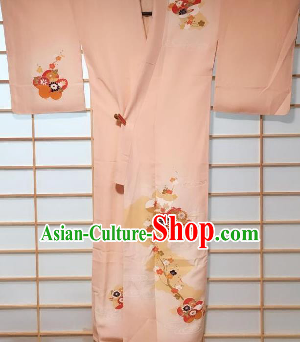 Traditional Japanese Light Pink Tsukesage Kimono Japan Classical Plum Chrysanthemum Pattern Yukata Dress Costume for Women