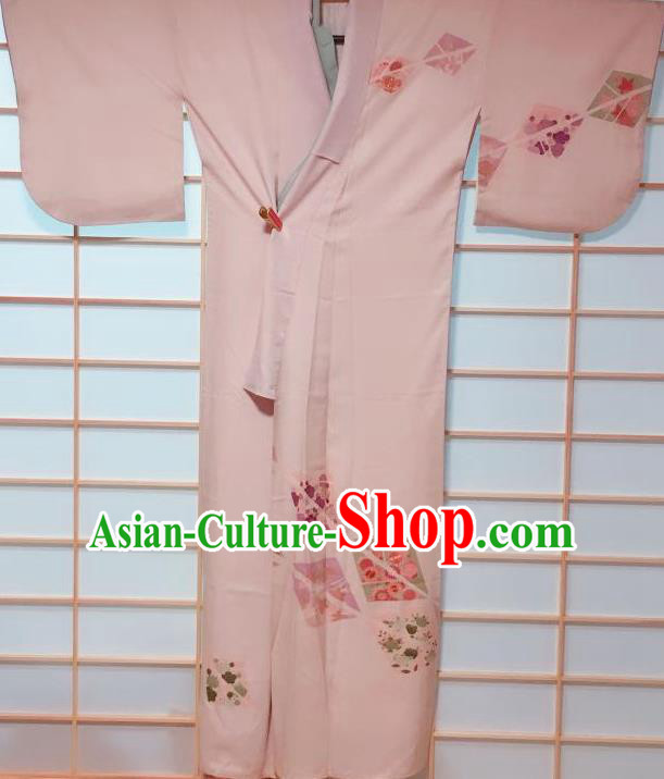 Traditional Japanese Light Pink Tsukesage Kimono Japan Classical Pattern Yukata Dress Costume for Women