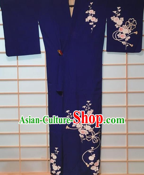 Traditional Japanese Deep Blue Tsukesage Kimono Japan Classical Daisy Butterfly Pattern Yukata Dress Costume for Women