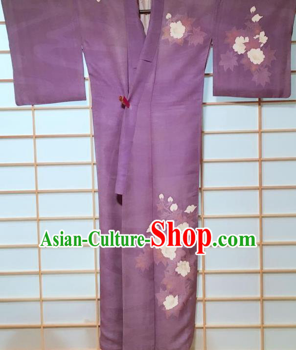 Traditional Japanese Violet Tsukesage Kimono Japan Classical Peony Pattern Yukata Dress Costume for Women