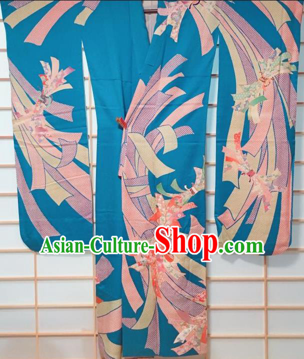Traditional Japanese Blue Furisode Kimono Japan Classical Ribbon Pattern Yukata Dress Costume for Women