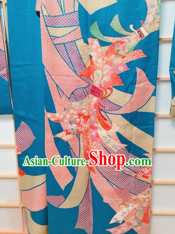 Traditional Japanese Blue Furisode Kimono Japan Classical Ribbon Pattern Yukata Dress Costume for Women