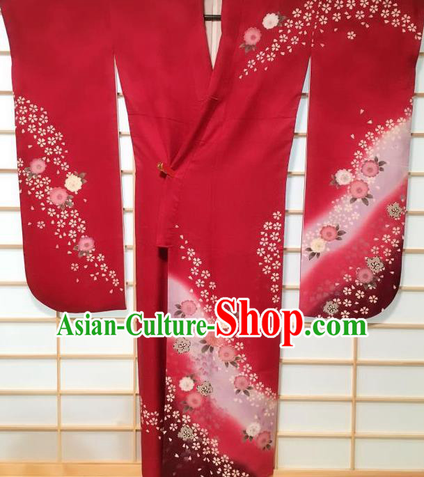 Traditional Japanese Red Furisode Kimono Japan Classical Sakura Pattern Yukata Dress Costume for Women