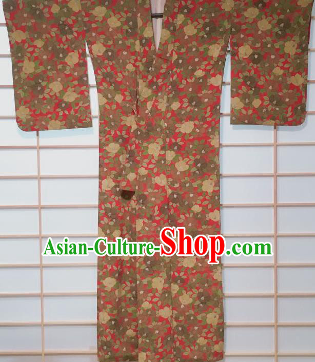 Traditional Japanese Rosy Kimono Japan Classical Camellia Pattern Yukata Dress Costume for Women