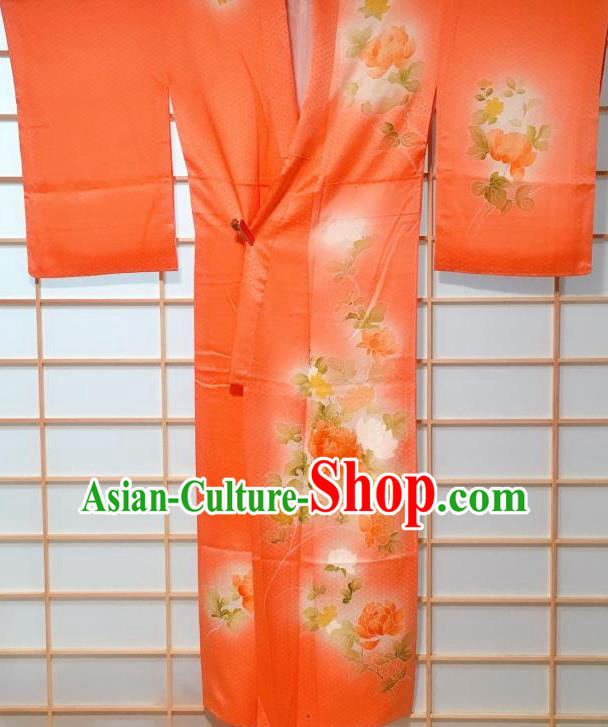 Traditional Japanese Orange Tsukesage Kimono Japan Classical Peony Pattern Yukata Dress Costume for Women