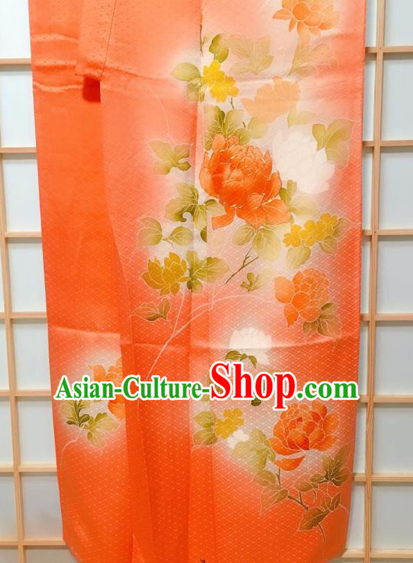 Traditional Japanese Orange Tsukesage Kimono Japan Classical Peony Pattern Yukata Dress Costume for Women