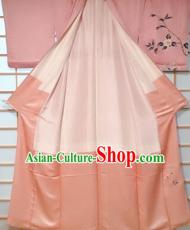Traditional Japanese Pink Silk Tsukesage Kimono Japan Classical Camellia Pattern Yukata Dress Costume for Women