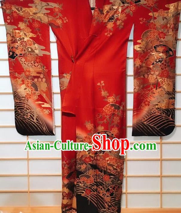 Traditional Japanese Embroidered Red Furisode Kimono Japan Classical Waves Pattern Yukata Dress Costume for Women