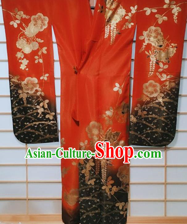 Traditional Japanese Red Furisode Kimono Japan Classical Butterfly Pattern Yukata Dress Costume for Women