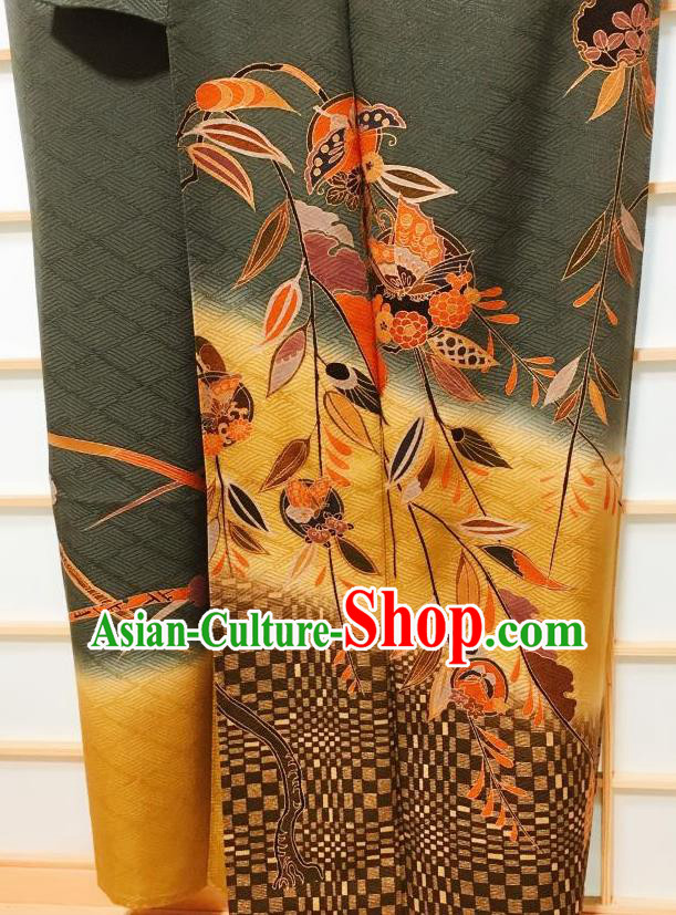 Traditional Japanese Atrovirens Tsukesage Kimono Japan Classical Butterfly Pattern Yukata Dress Costume for Women
