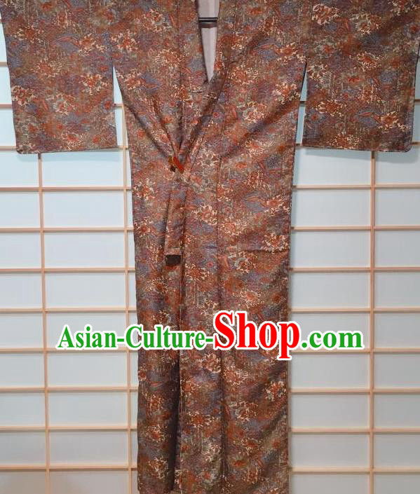 Traditional Japanese Brown Kimono Japan Classical Waves Pattern Yukata Dress Costume for Women