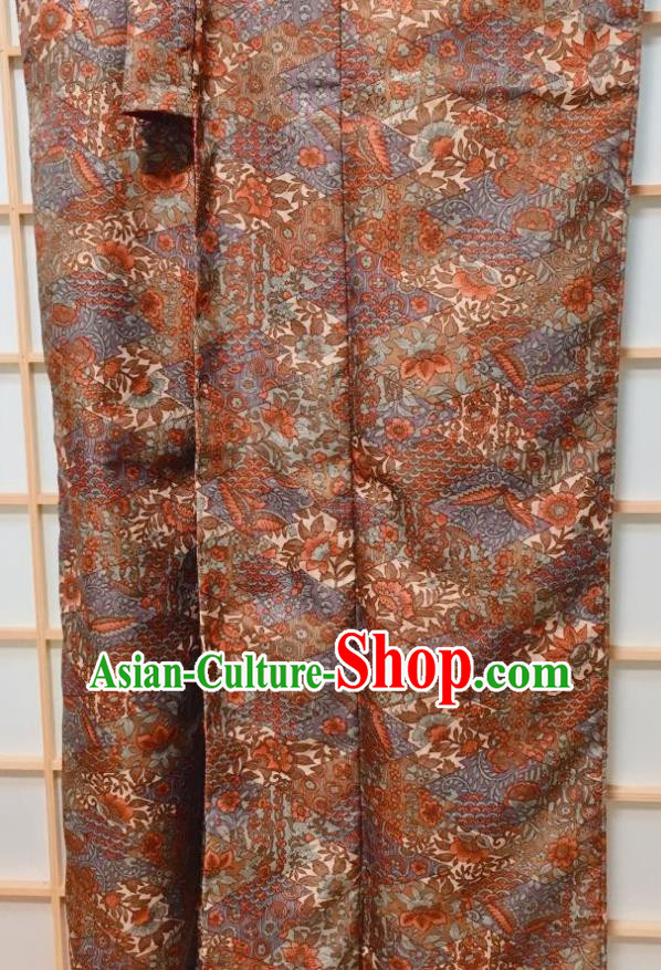 Traditional Japanese Brown Kimono Japan Classical Waves Pattern Yukata Dress Costume for Women