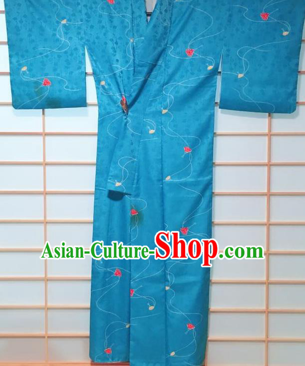 Traditional Japanese Lake Blue Kimono Japan Classical Plum Blossom Pattern Yukata Dress Costume for Women
