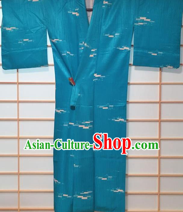 Traditional Japanese Lake Blue Kimono Japan Classical Pattern Yukata Dress Costume for Women